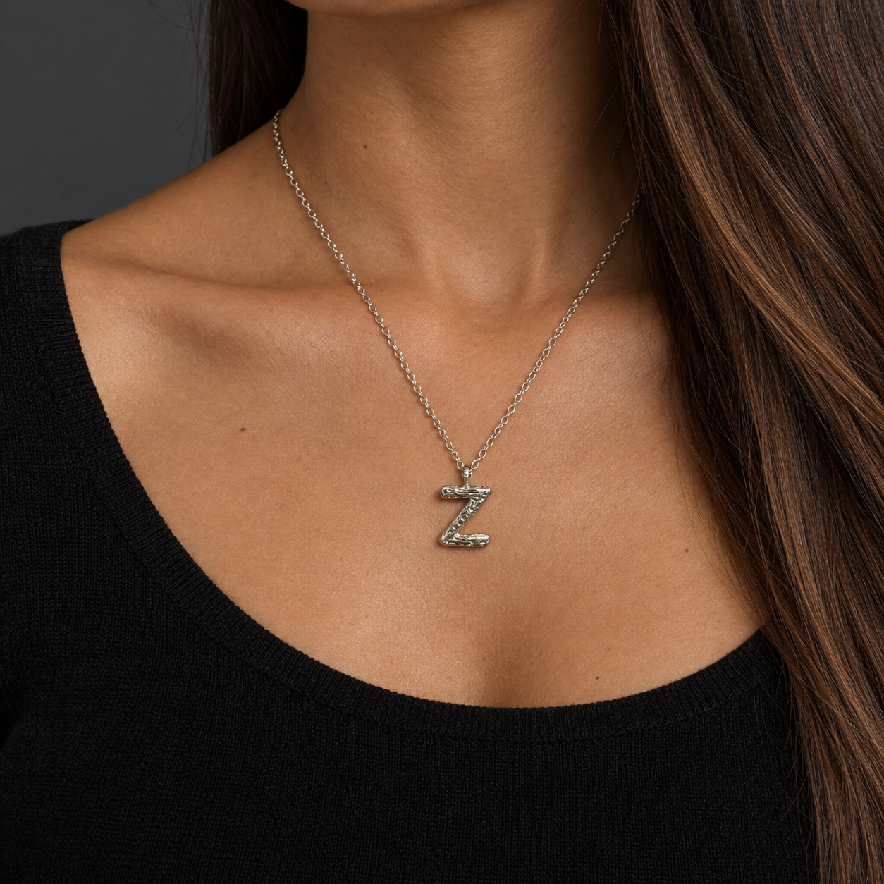 Model wearing the Lesunja Silver Letter Z Necklace