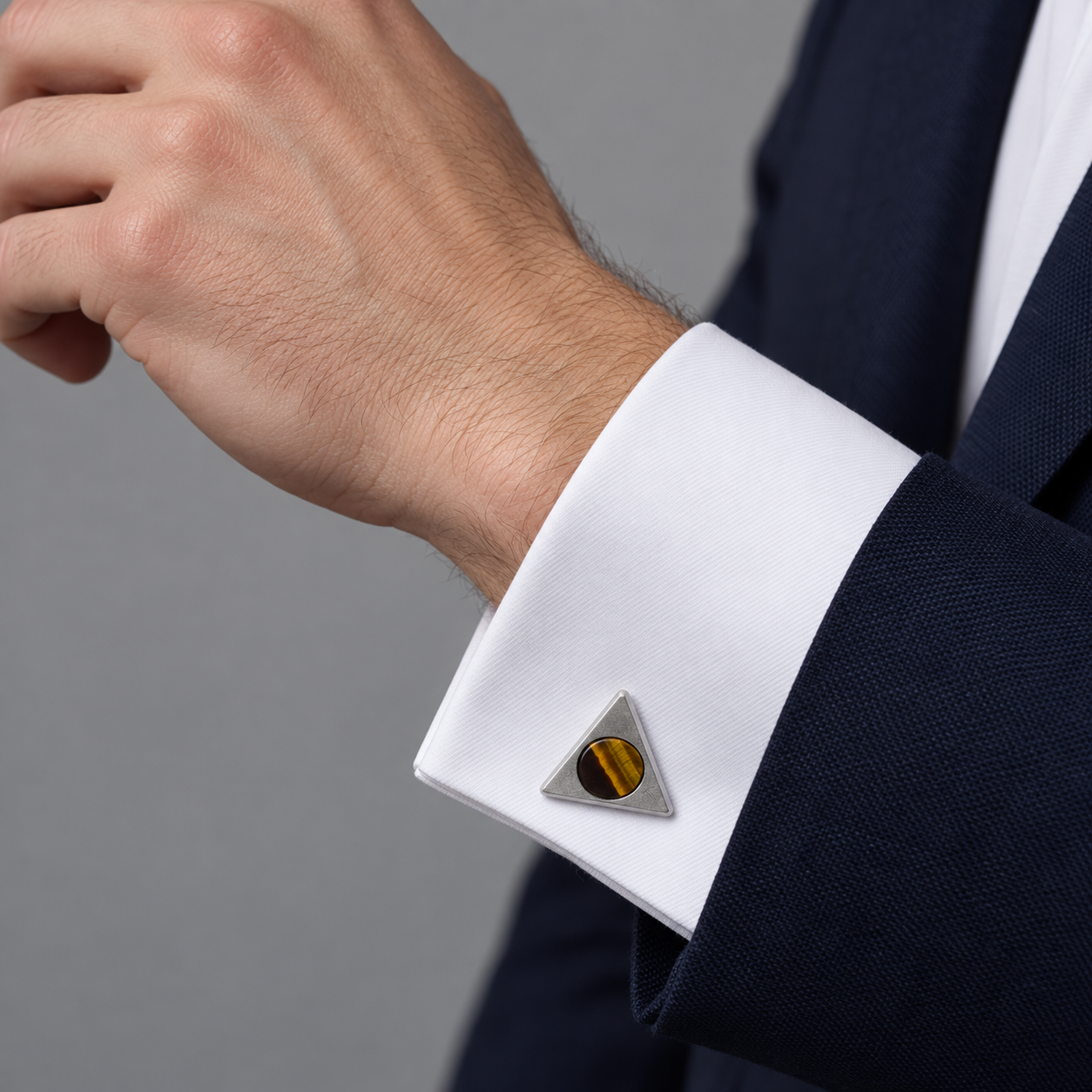 Model wearing the Lesunja Cufflinks Tiger Eye Silver Ring