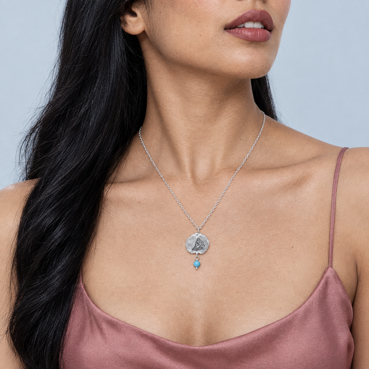 Model wearing the Lesunja Zodiac Aquarius Silver Necklace Turquoise