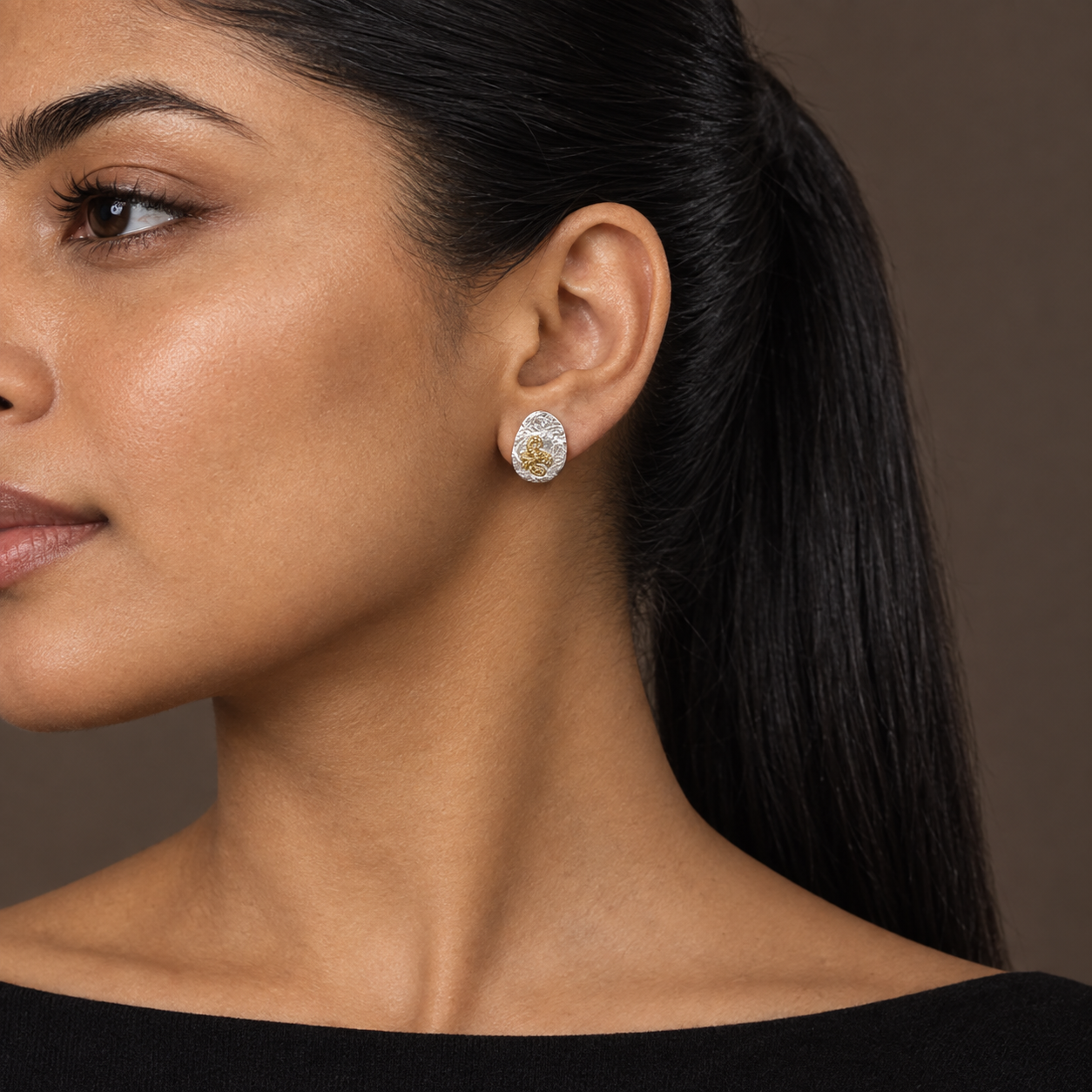 Model wearing the Lesunja Zodiac Scorpio Silver Earrings