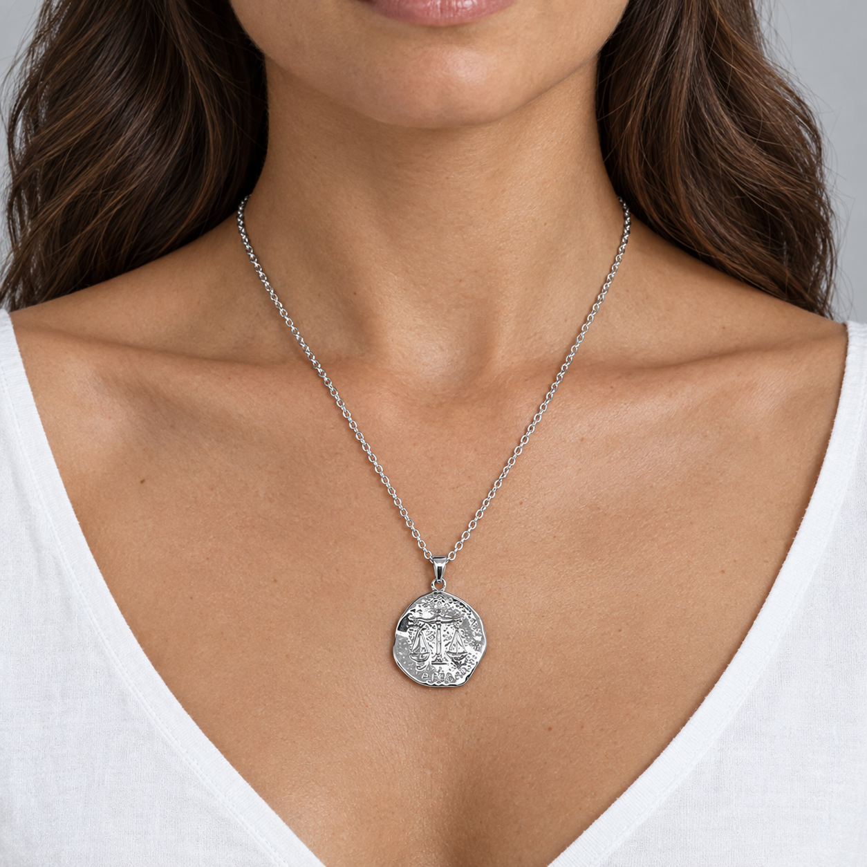 Model wearing the Lesunja Zodiac Libra Silver Anchor Chain Necklace