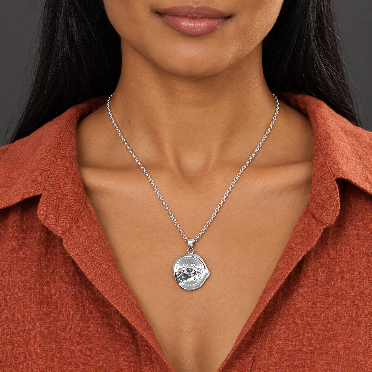 Model wearing the Lesunja Zodiac Cancer Silver Anchor Chain Necklace
