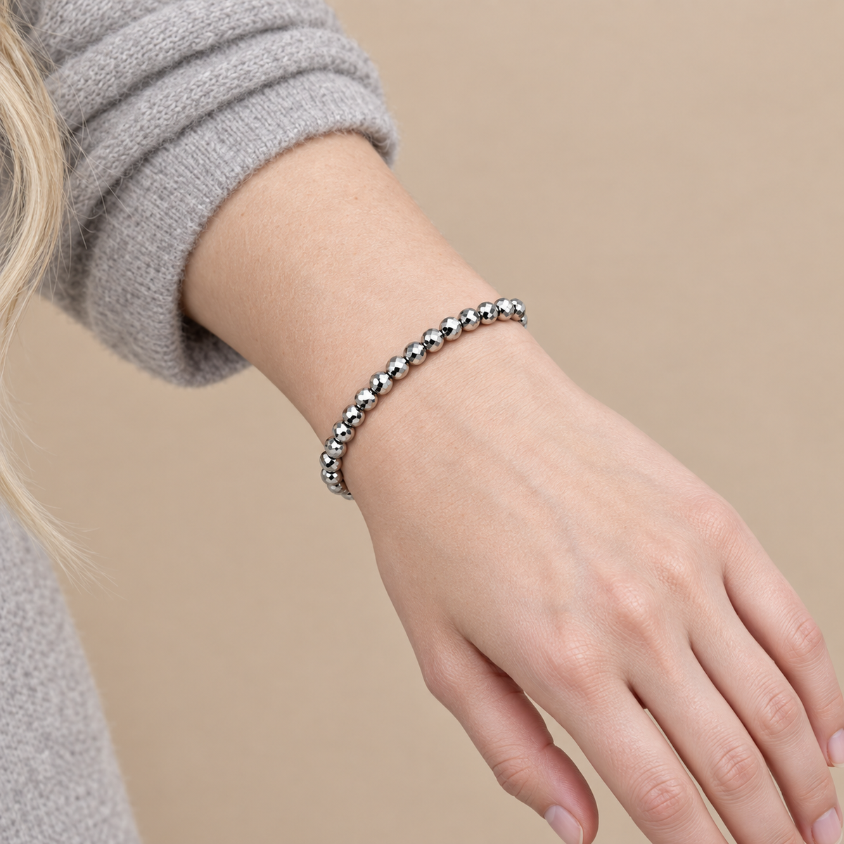 Model wearing the Lesunja Hematite Rhodium Plated Bracelet