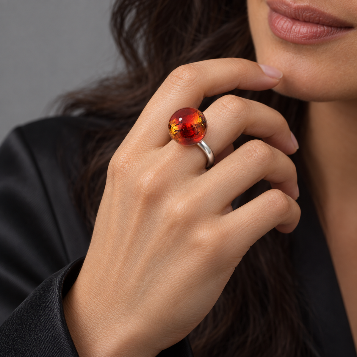 Model wearing the Lesunja Cranberry Glass Silver Ring