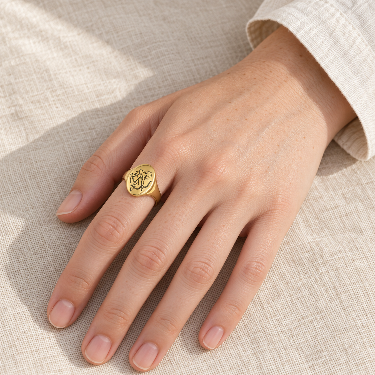 Model wearing the Lesunja Zodiac Sagittarius Steel Yellow Gold Plated Ring