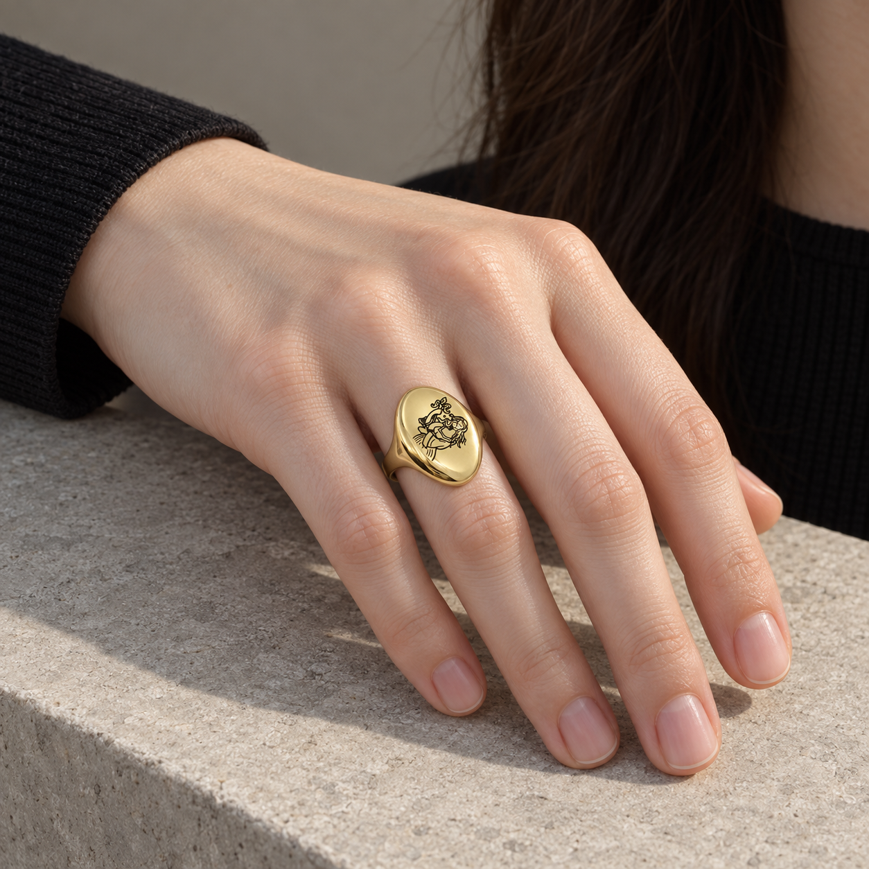 Model wearing the Lesunja Zodiac Virgo Steel Yellow Gold Plated Ring