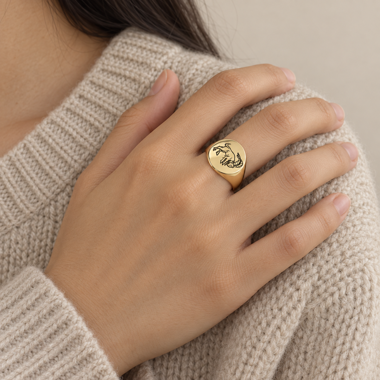 Model wearing the Lesunja Zodiac Capricorn Steel Yellow Gold Plated Ring