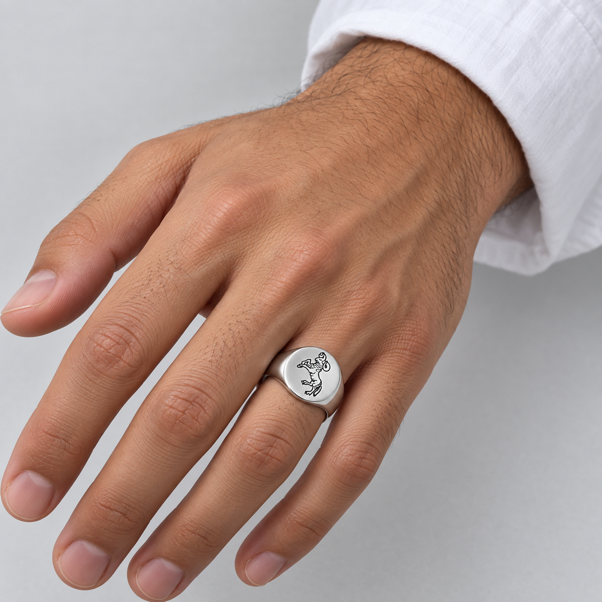 Model wearing the Lesunja Zodiac Aries Steel Ring