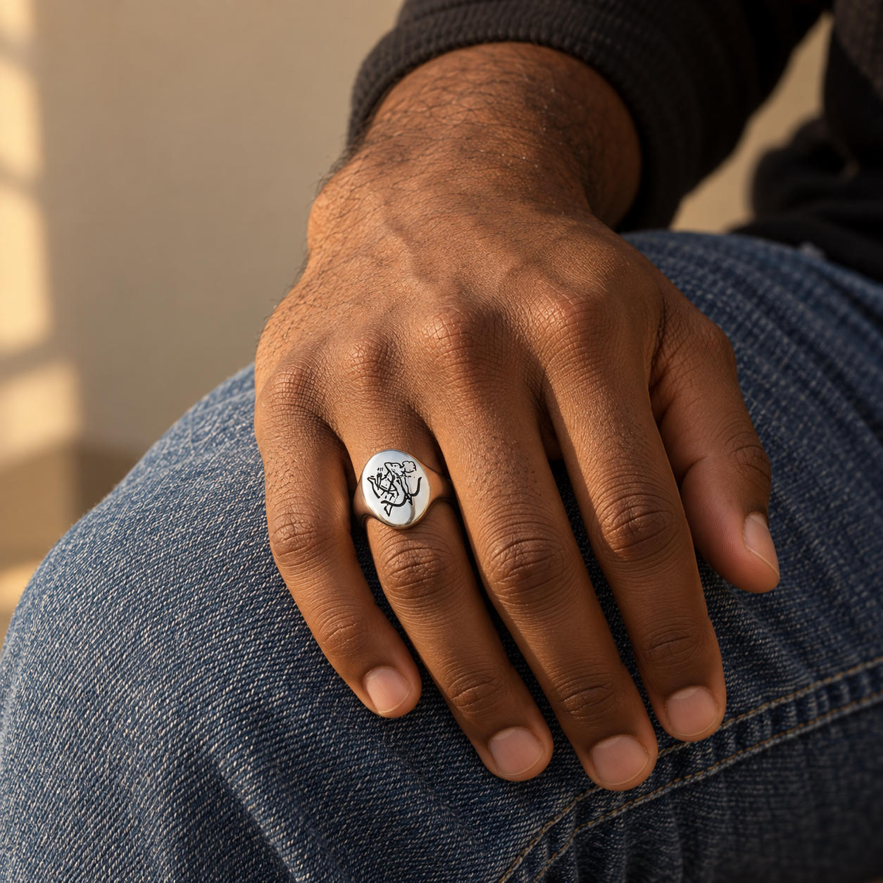 Model wearing the Lesunja Zodiac Sagittarius Steel Ring