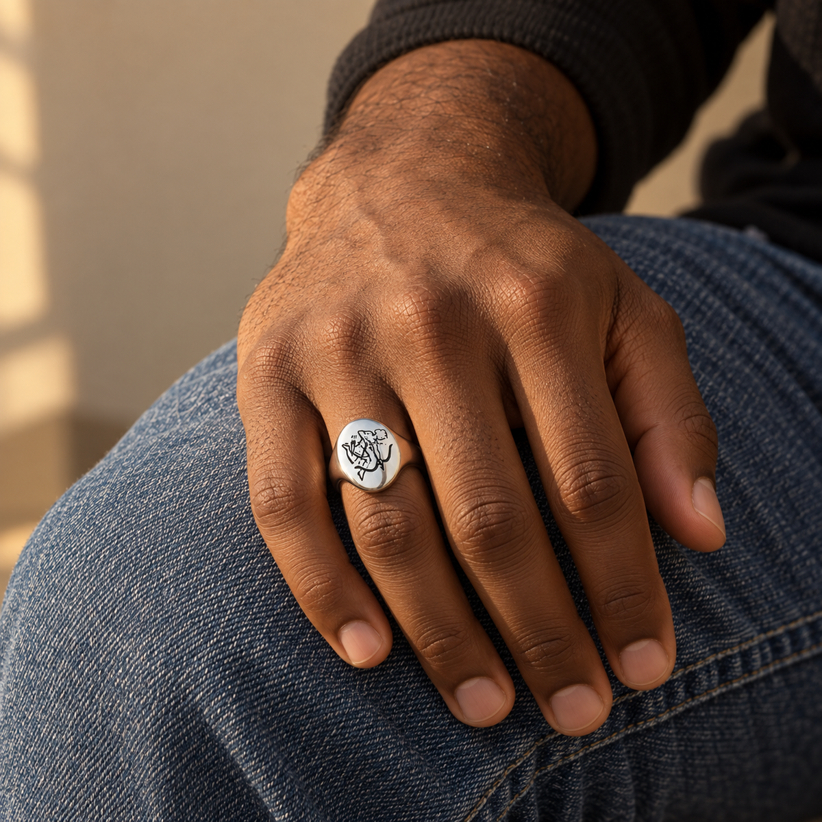 Model wearing the Lesunja Zodiac Sagittarius Steel Ring