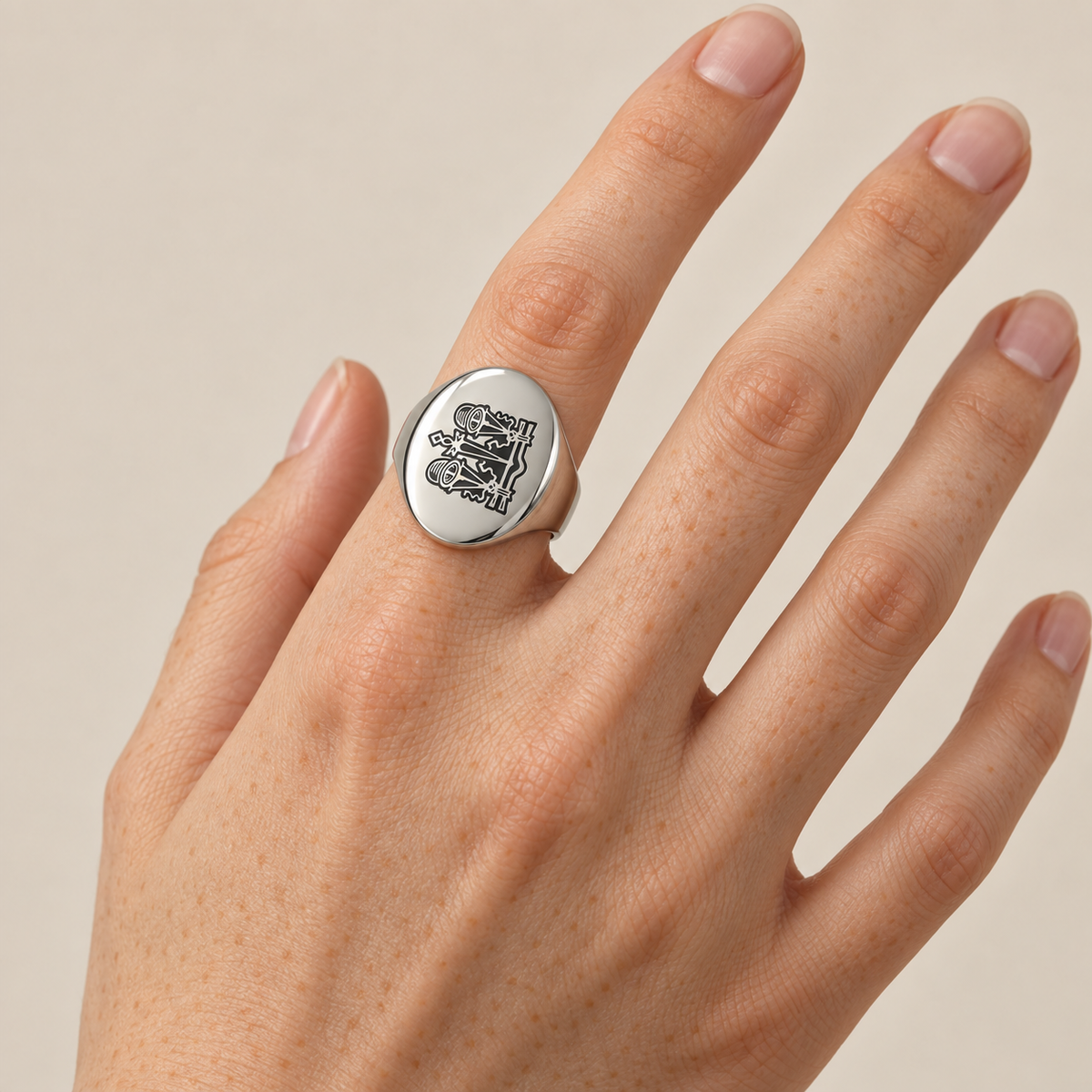Model wearing the Lesunja Zodiac Libra Steel Ring