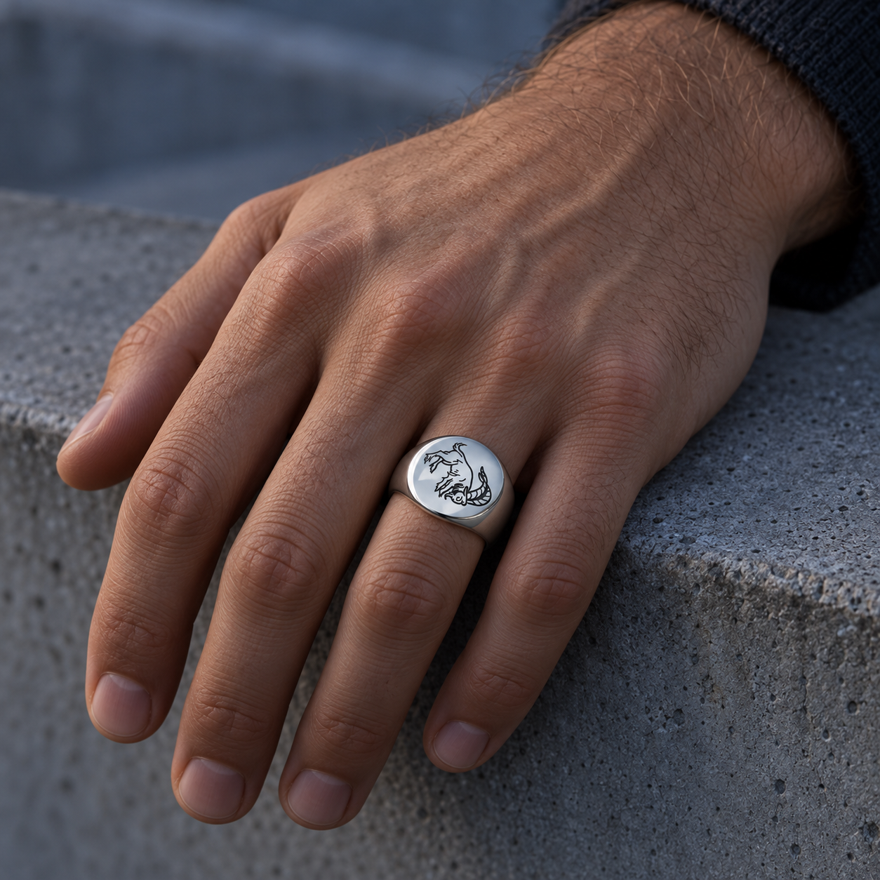 Model wearing the Lesunja Zodiac Capricorn Steel Ring