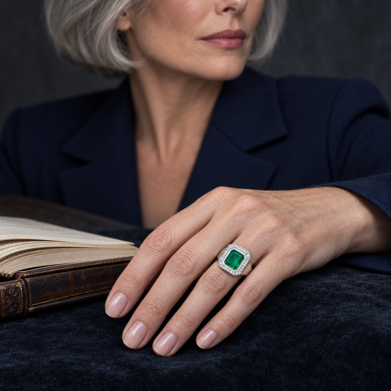 Model wearing the Lesunja Manifique Platinum Emerald Ring