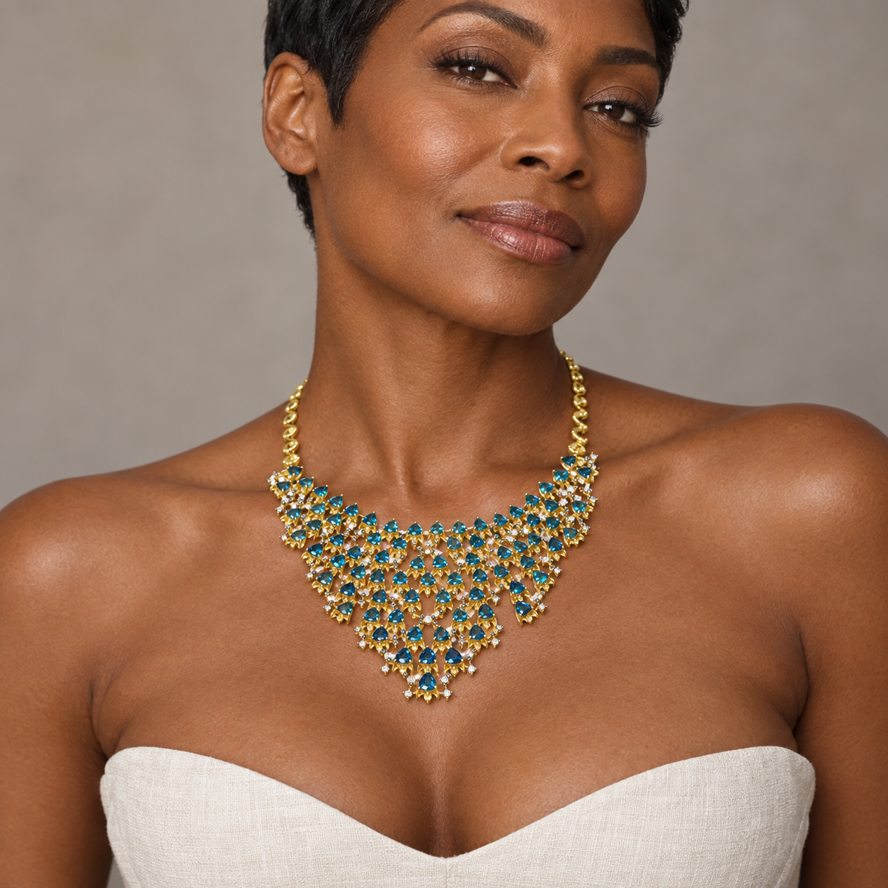 Model wearing the Lesunja Ocean Fish Topaz Yellow Gold Necklace