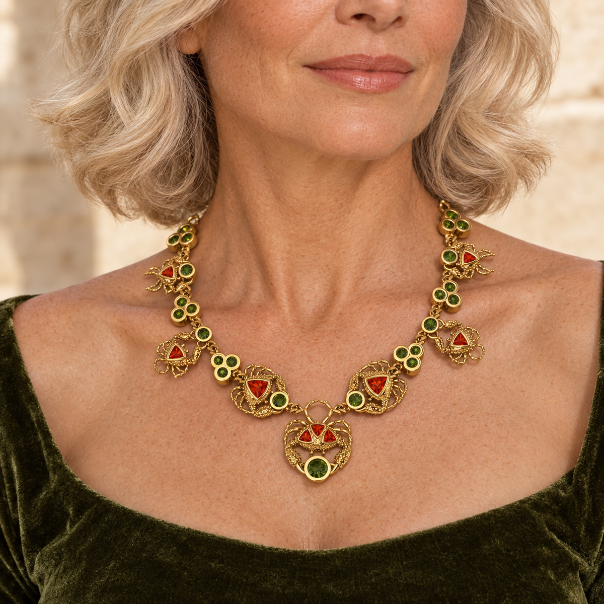 Model wearing the Lesunja Ocean XXY Crabs Necklace Yellow Gold Fire Opal, Tourmaline
