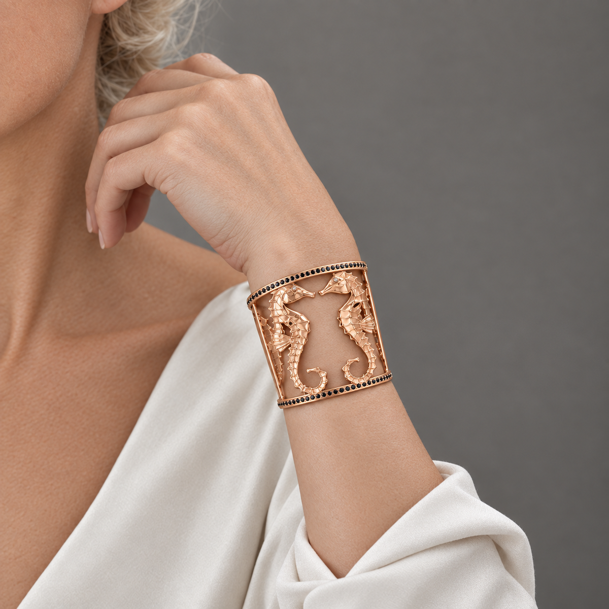 Model wearing the Lesunja Ocean Rose Gold Bracelet Seahorses