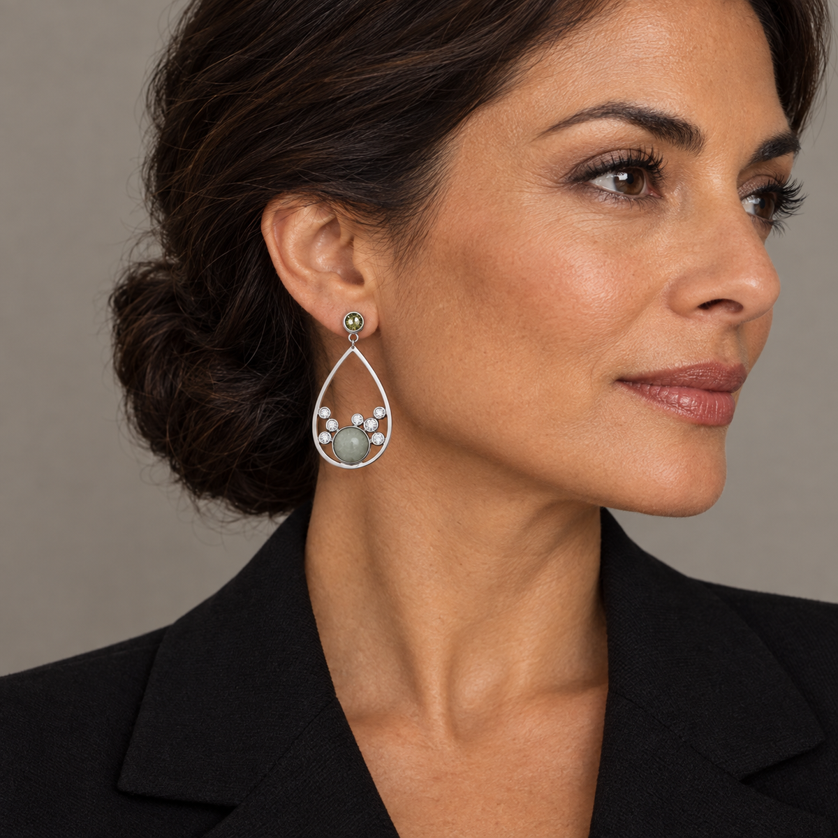 Model wearing the Lesunja Bubbles Jade Diamond White Gold Earrings