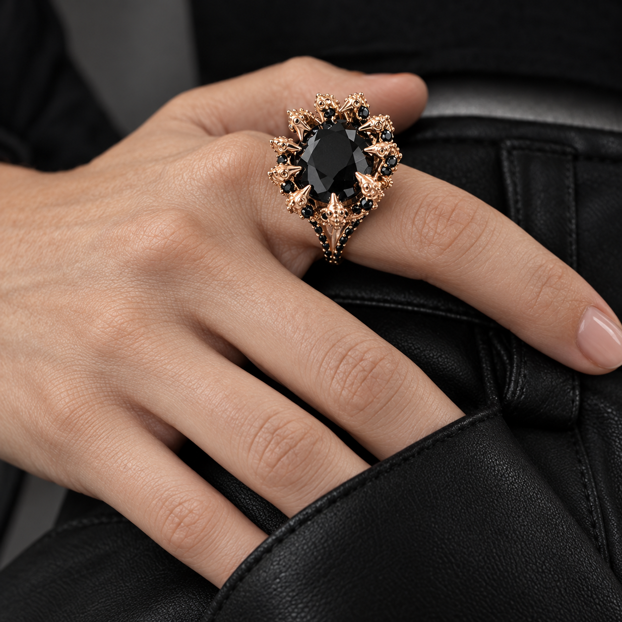Model wearing the Lesunja Ocean Seahorses Black Diamond Rose Gold Ring