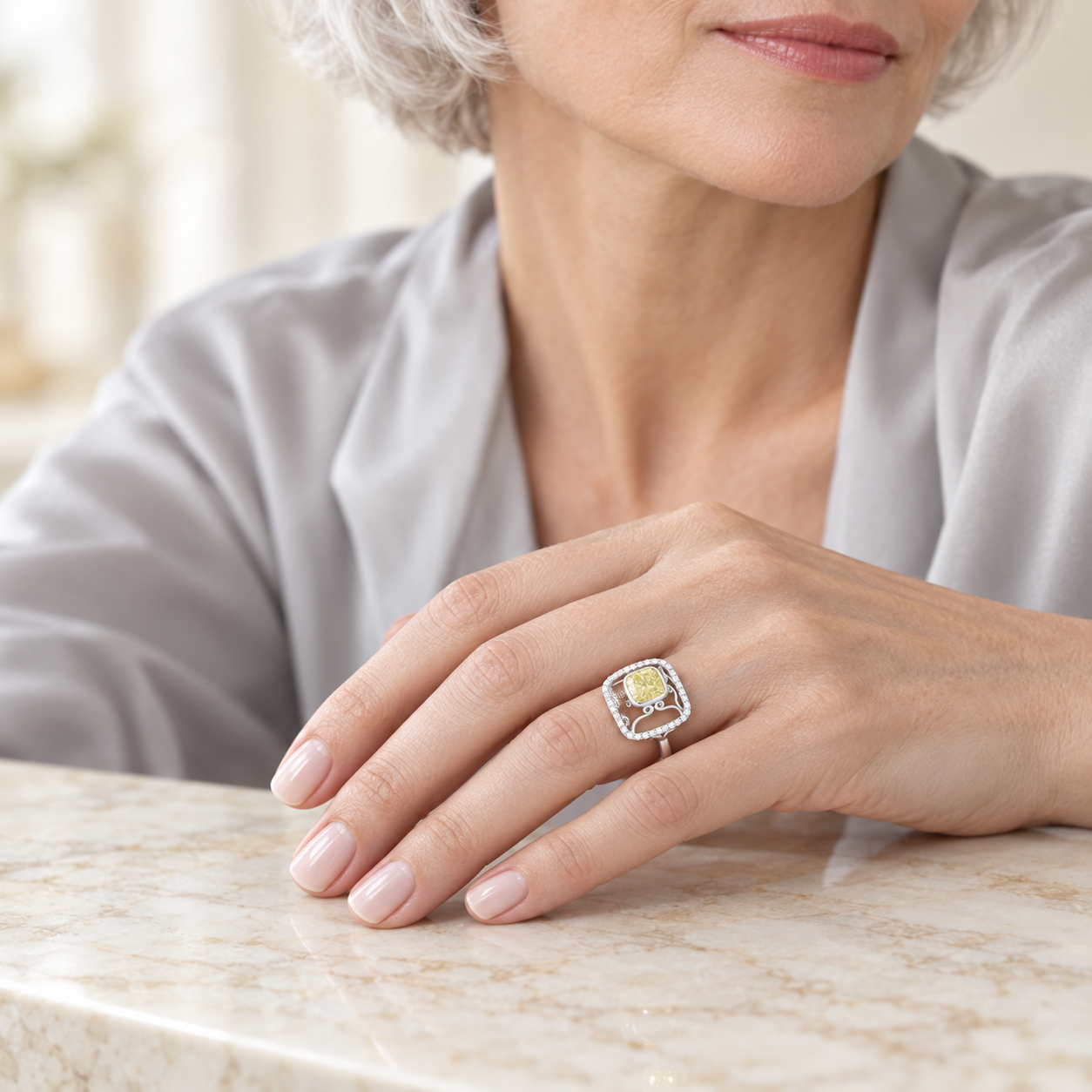 Model wearing the Lesunja Music Was My First Love The Niebelungs White Gold Rings