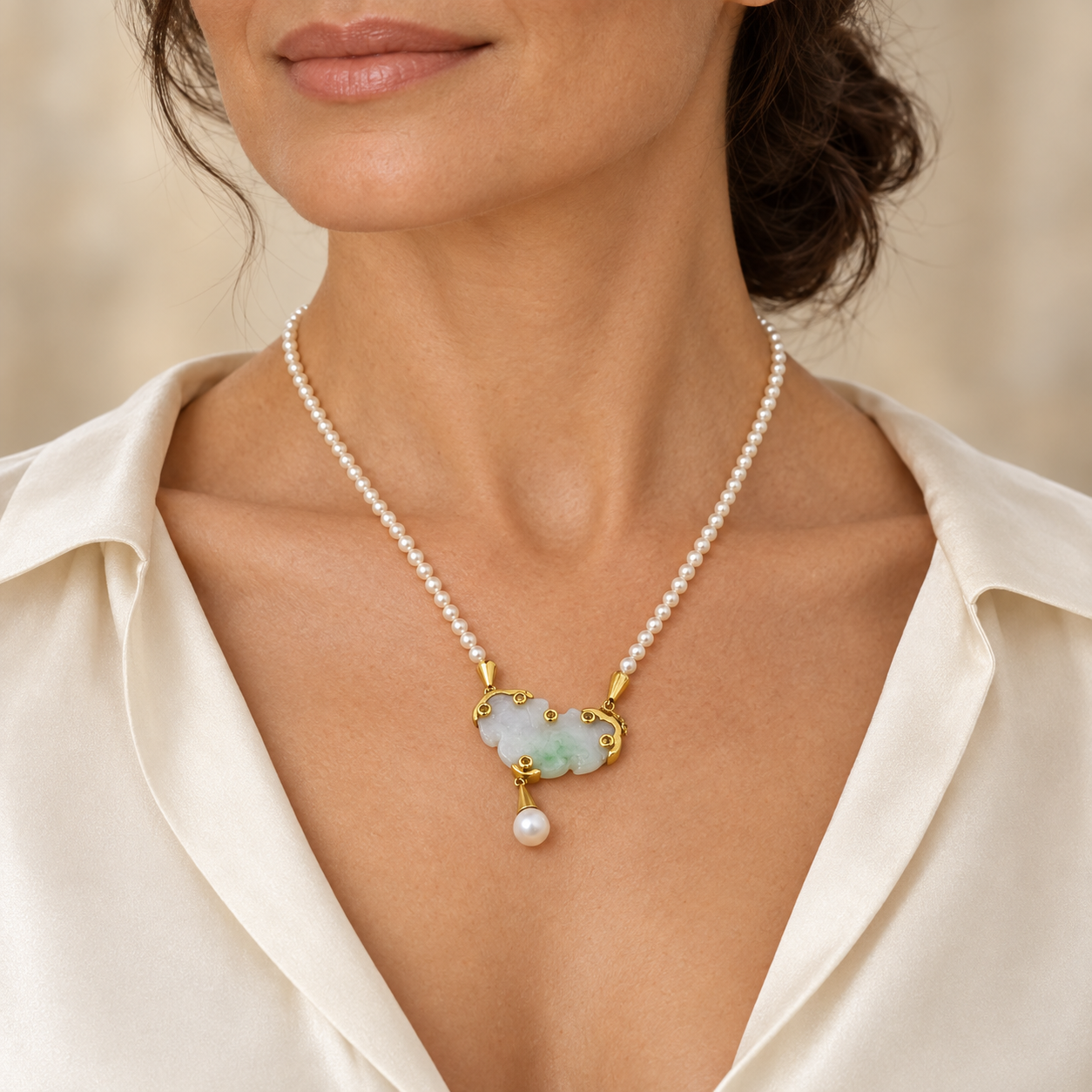 Model wearing the Lesunja Enchanting Lotus Blossom Jade Pearl Diamond Yellow Gold Necklace