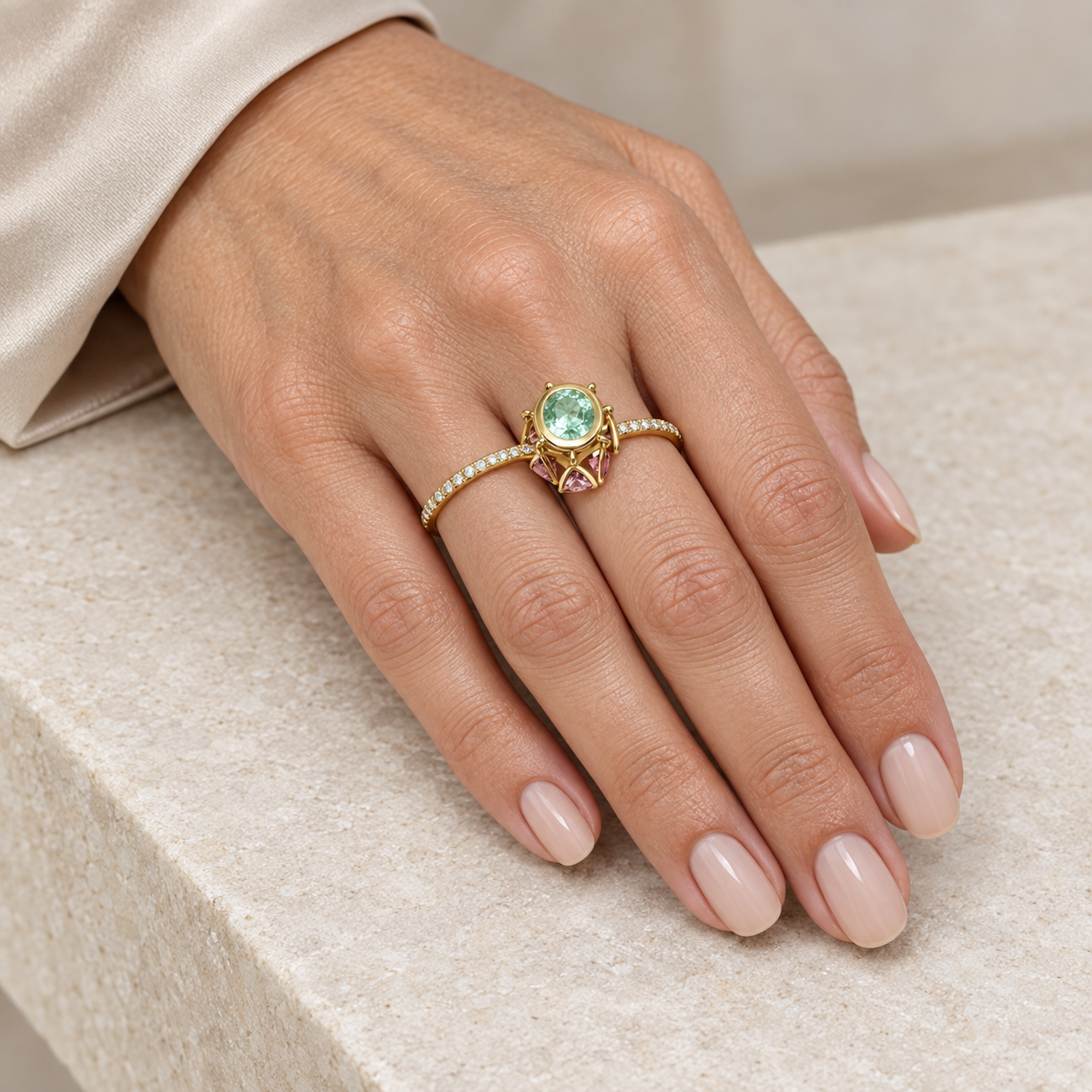 Model wearing the Lesunja Ocean Shells Double Ring Yellow Gold Green-Blue Paraiba