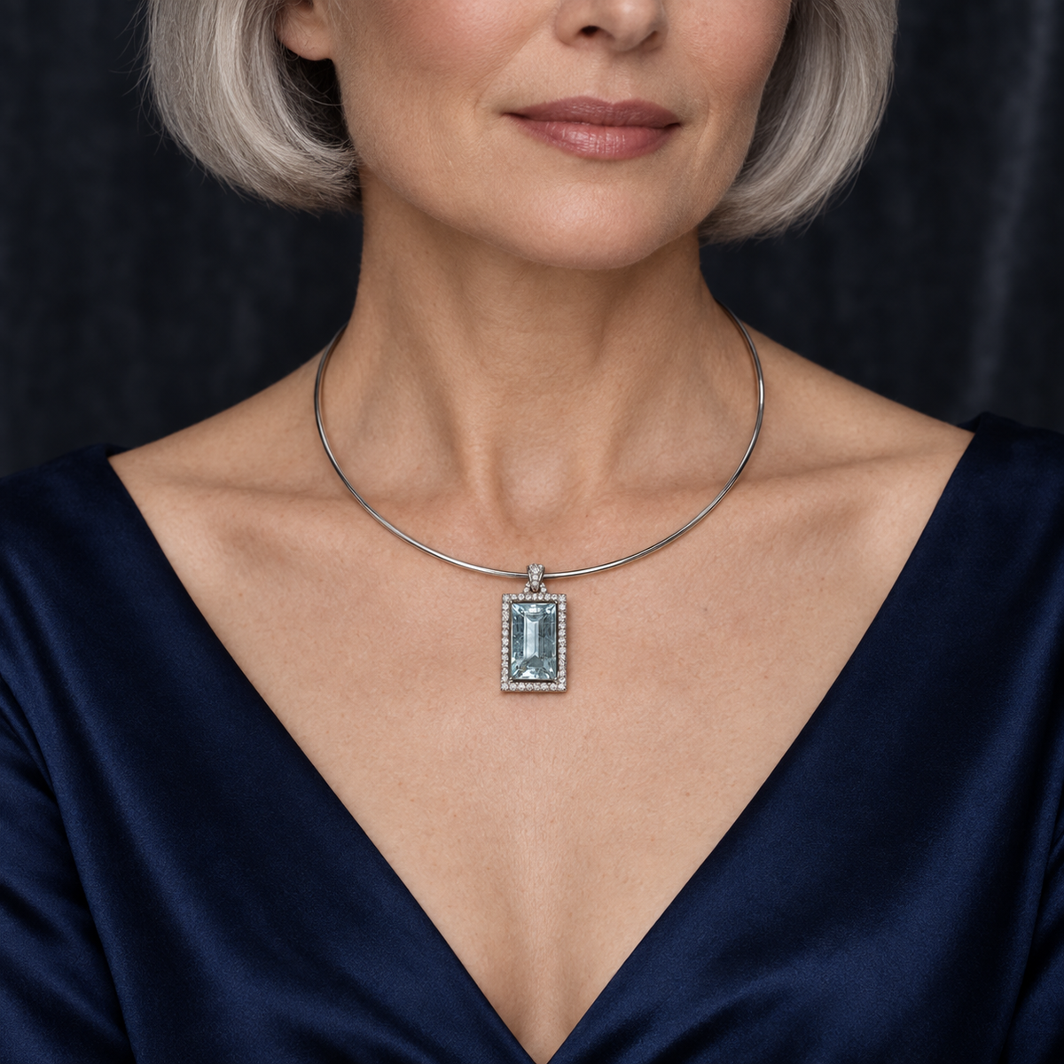 Model wearing the Lesunja Magnifique Necklace Platinum Aquamarine Diamonds