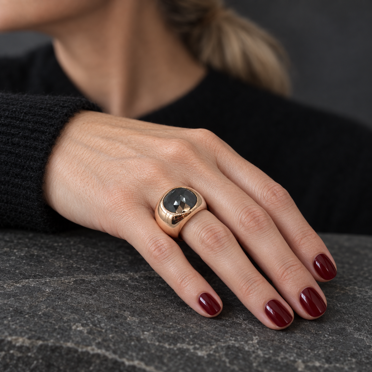 Model wearing the Lesunja Rose Gold and Black Diamond Rose Signet Ring