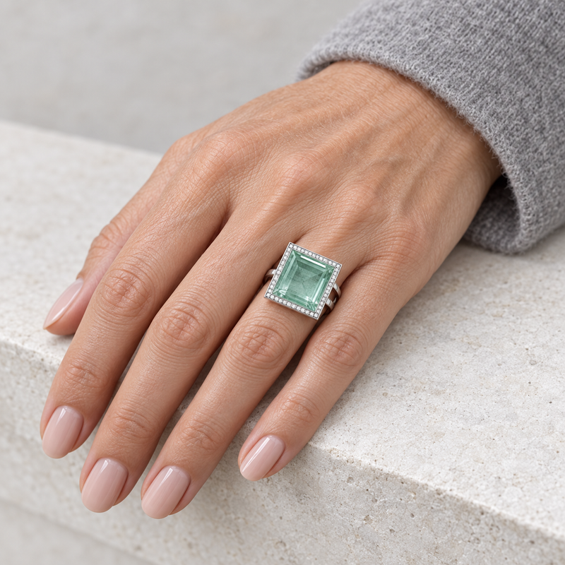 Model wearing the Lesunja Cocktail Ring Platinum Aquamarine Diamond