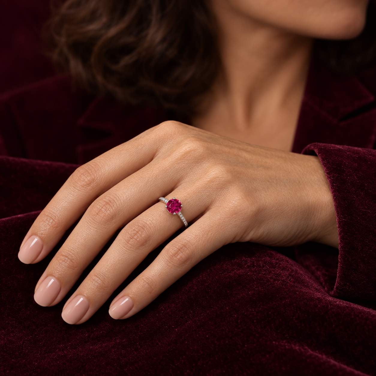 Model wearing the Lesunja Ruby Platinum Ring