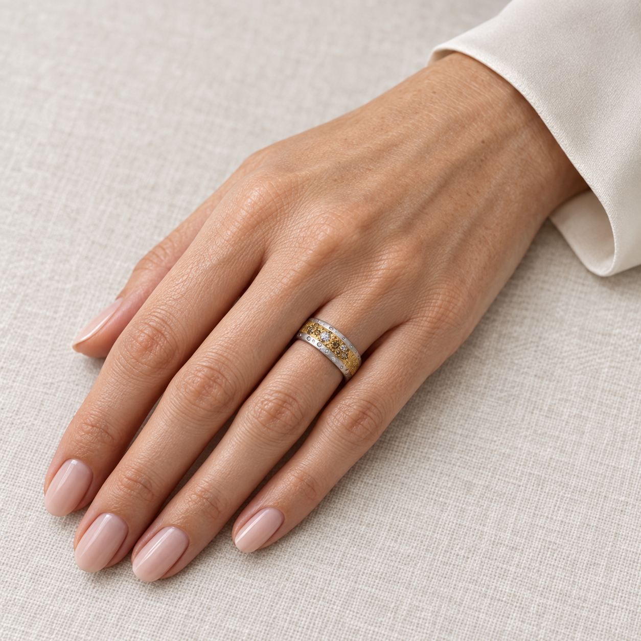 Model wearing the Lesunja Sepia Long Life Palladium Wedding Rings