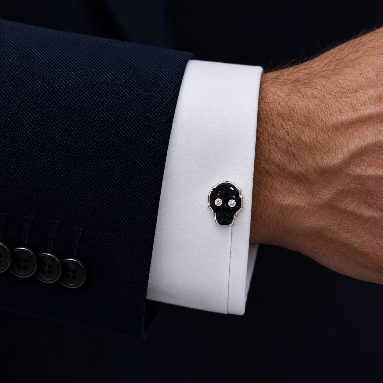 Model wearing the Lesunja Mens Collection Diamond Cufflinks Platinum Onyx Skull
