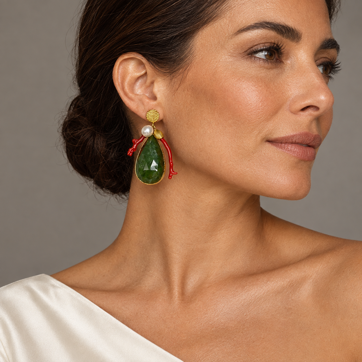 Model wearing the Lesunja Ocean XXY Boho La Vie Ear Studs Yellow Gold Aquamarine Corals Pearl