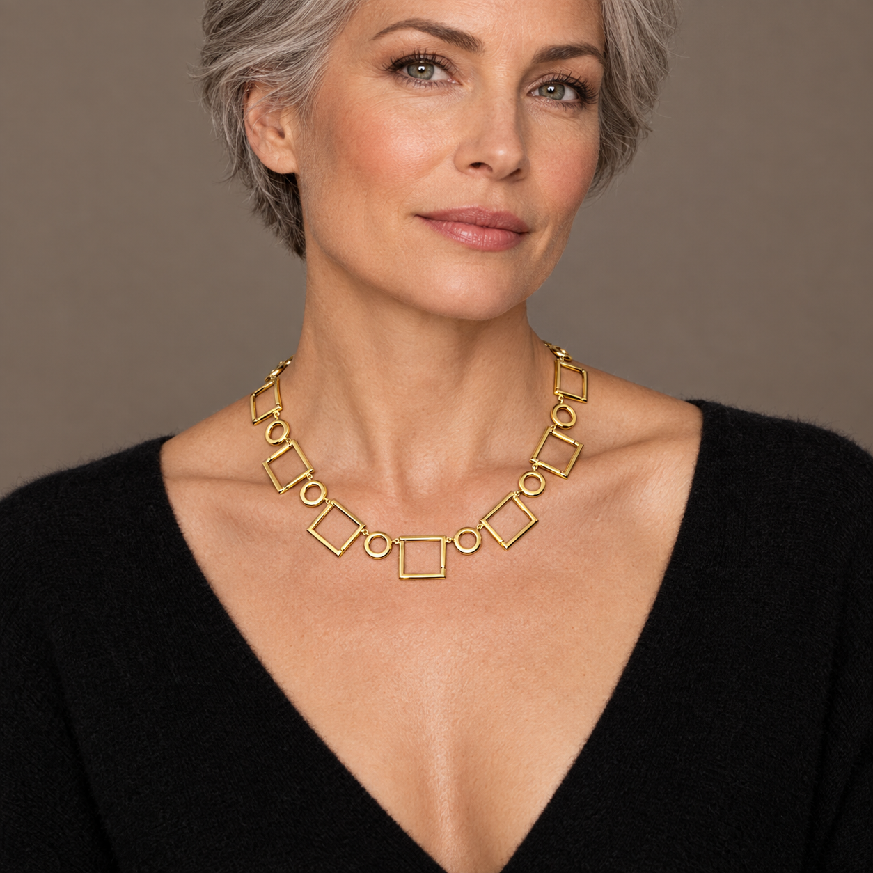 Model wearing the Lesunja L Collection Geometric Gold Necklace