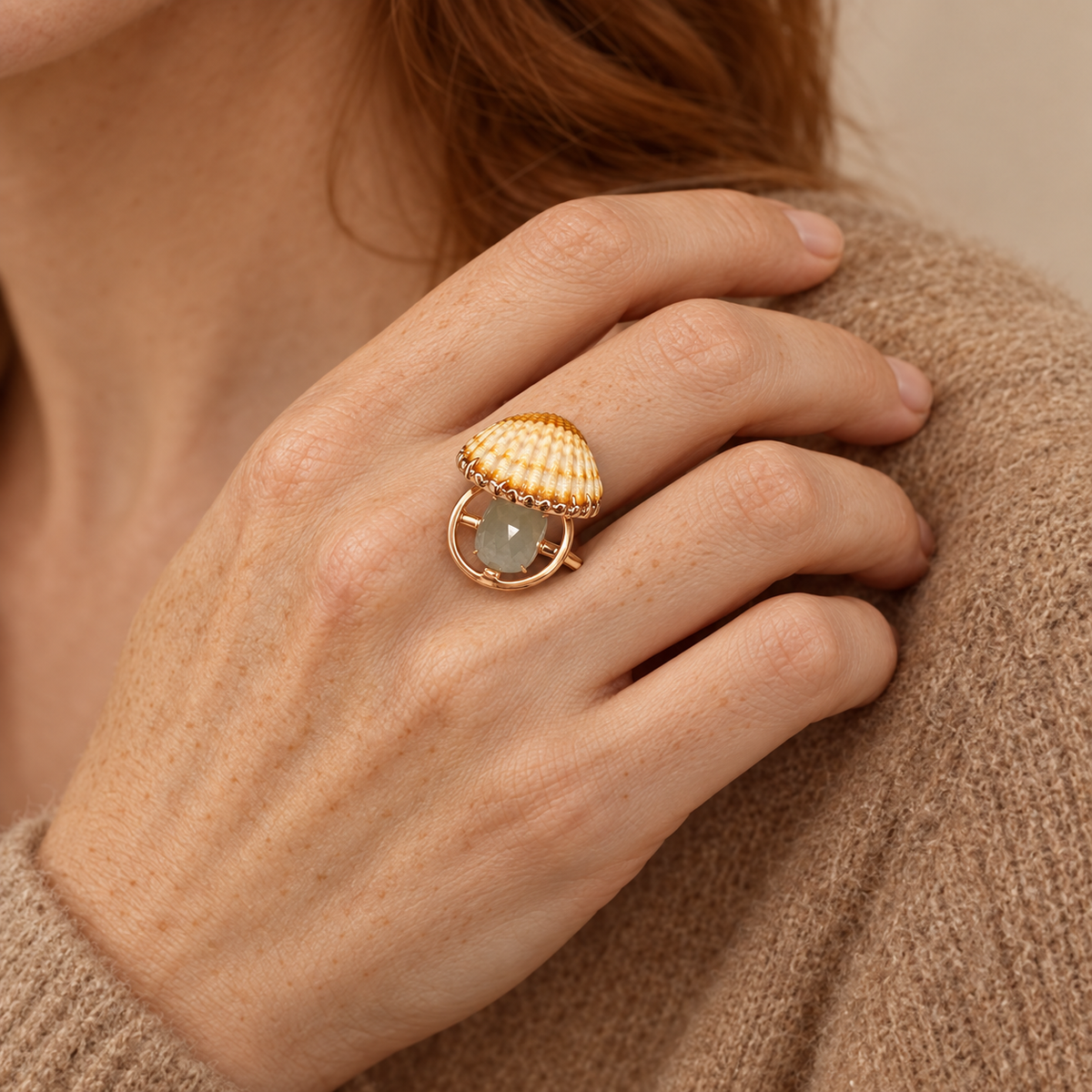 Model wearing the Lesunja Ocean XXY Boho La Vie Rings Rose Gold Sapphire Venus Shell