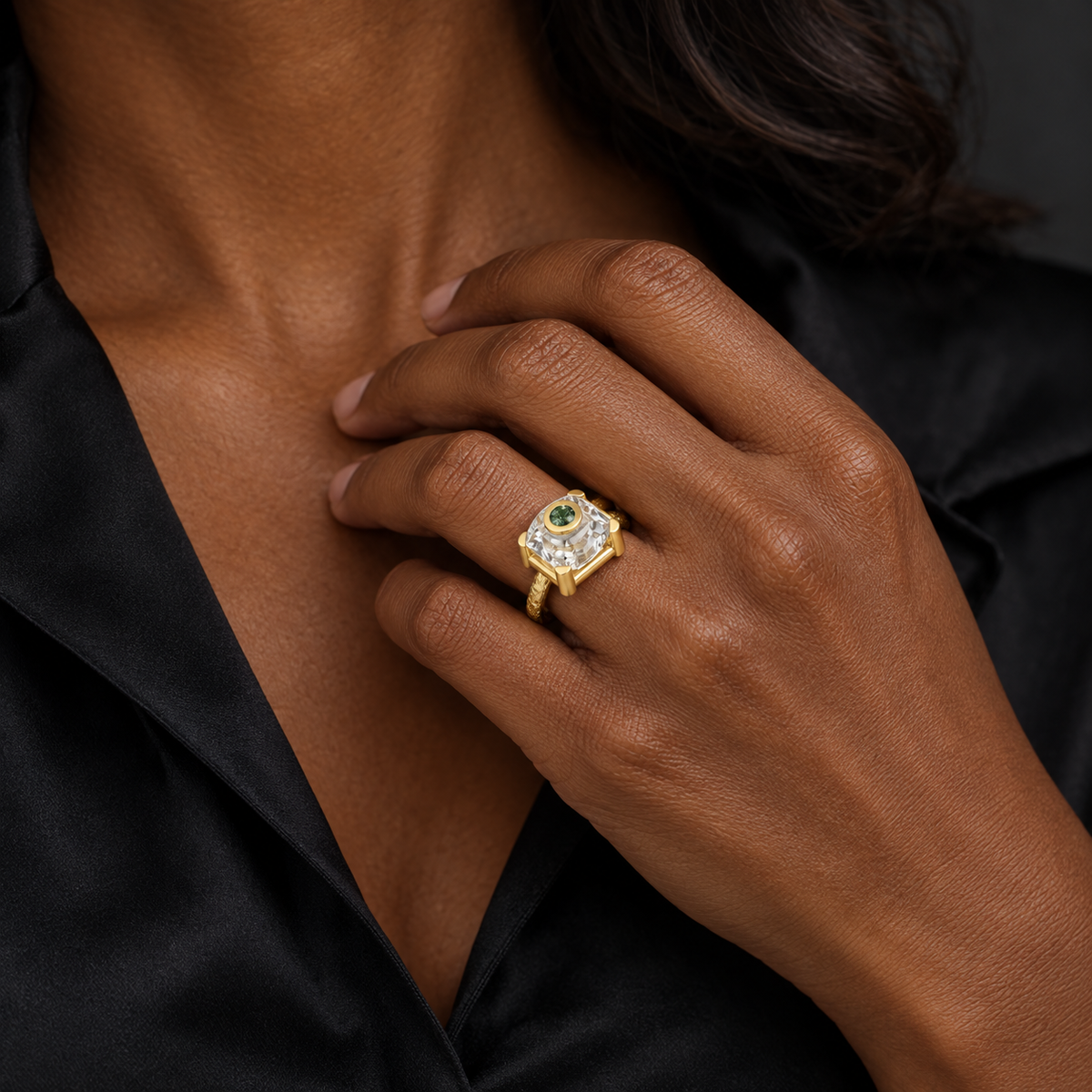 Model wearing the Lesunja Contemporary Mojo Ring Yellow Gold Alexandrite, Rock Crystal