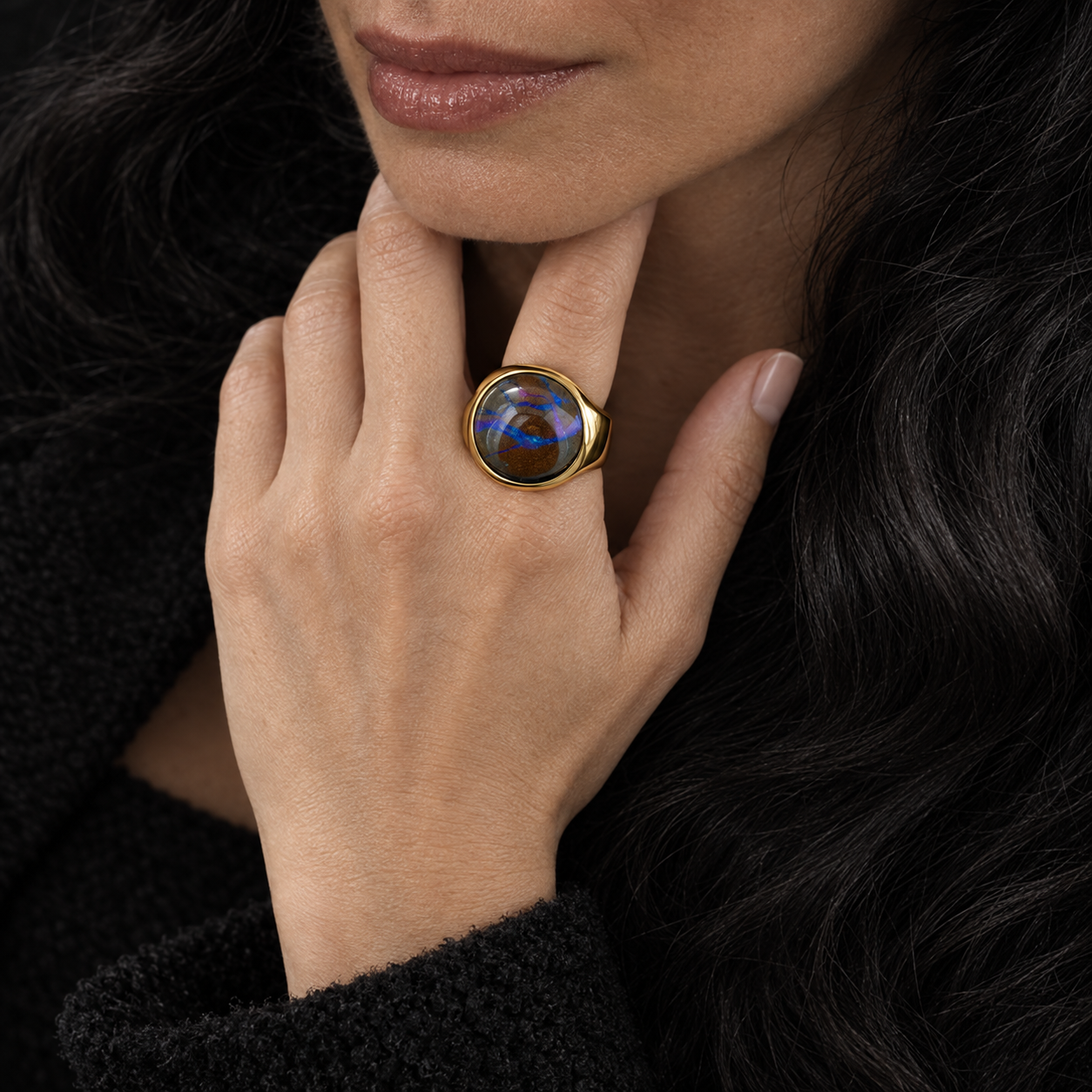 Model wearing the Lesunja Blue Brown Opal Gold Ring