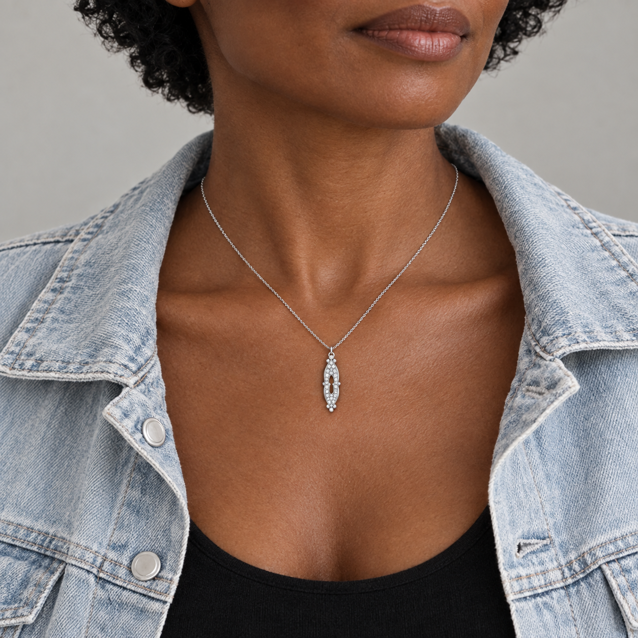 Model wearing the Lesunja Delicate Castle White Gold Diamond Pendant
