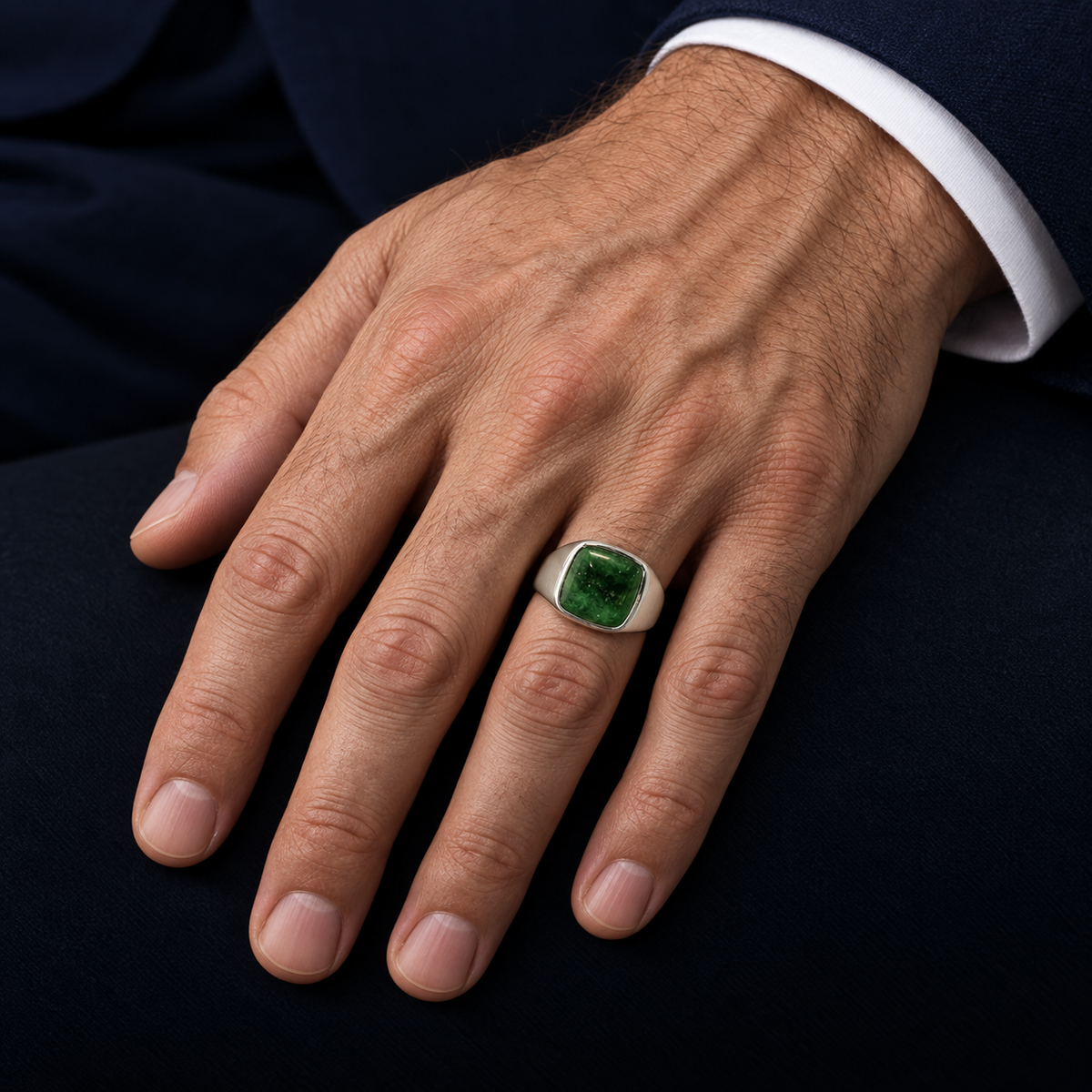 Model wearing the Lesunja Jade and Platinum Signet Ring