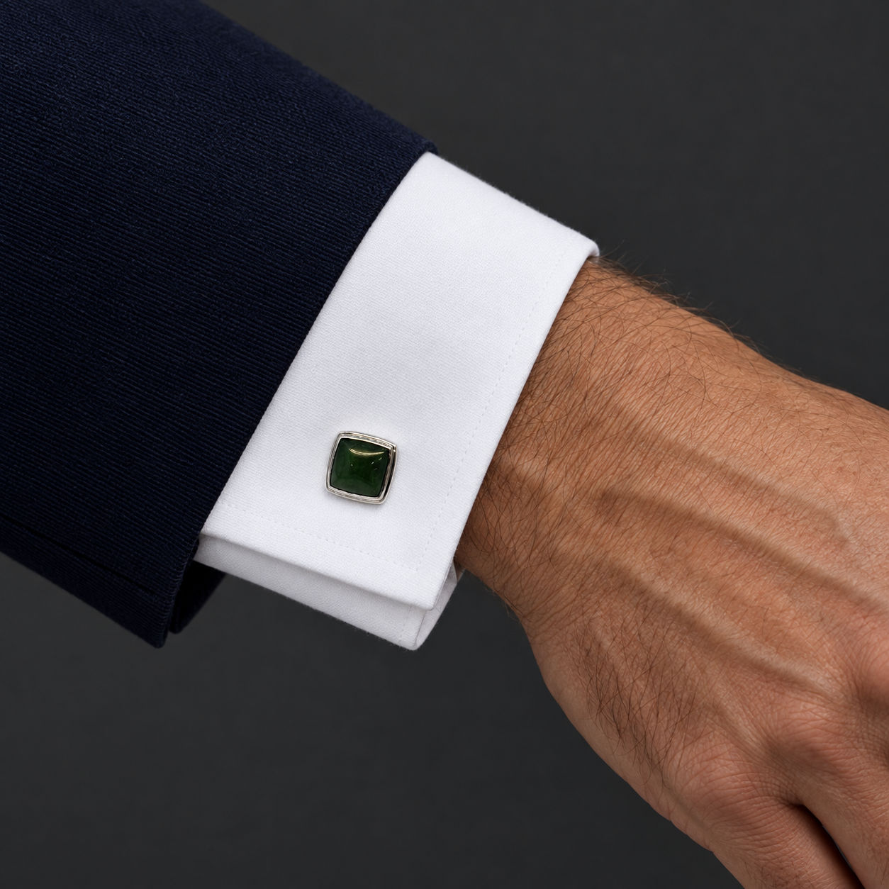 Model wearing the Lesunja Jade Platinum Cufflinks