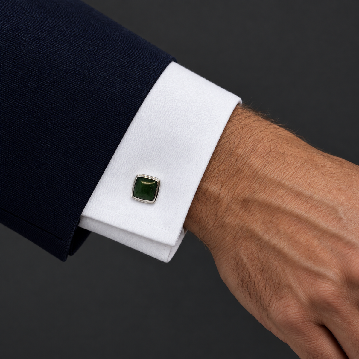 Model wearing the Lesunja Jade Platinum Cufflinks