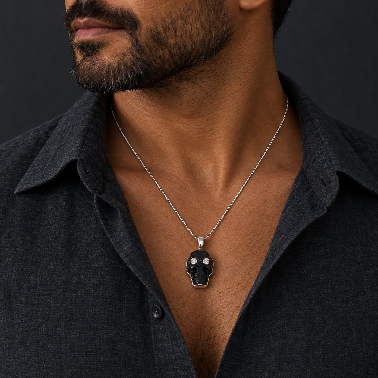 Model wearing the Lesunja Men Collection Pendant Platinum Onyx Skull Diamond