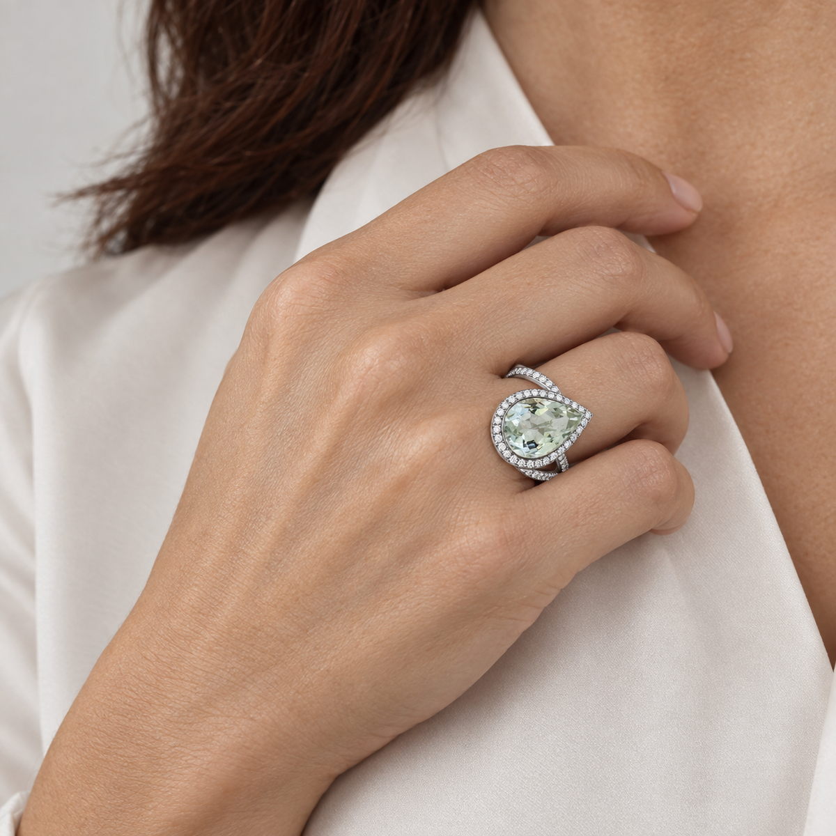 Model wearing the Lesunja Ring White Gold Light Green Prasiolite & Diamonds