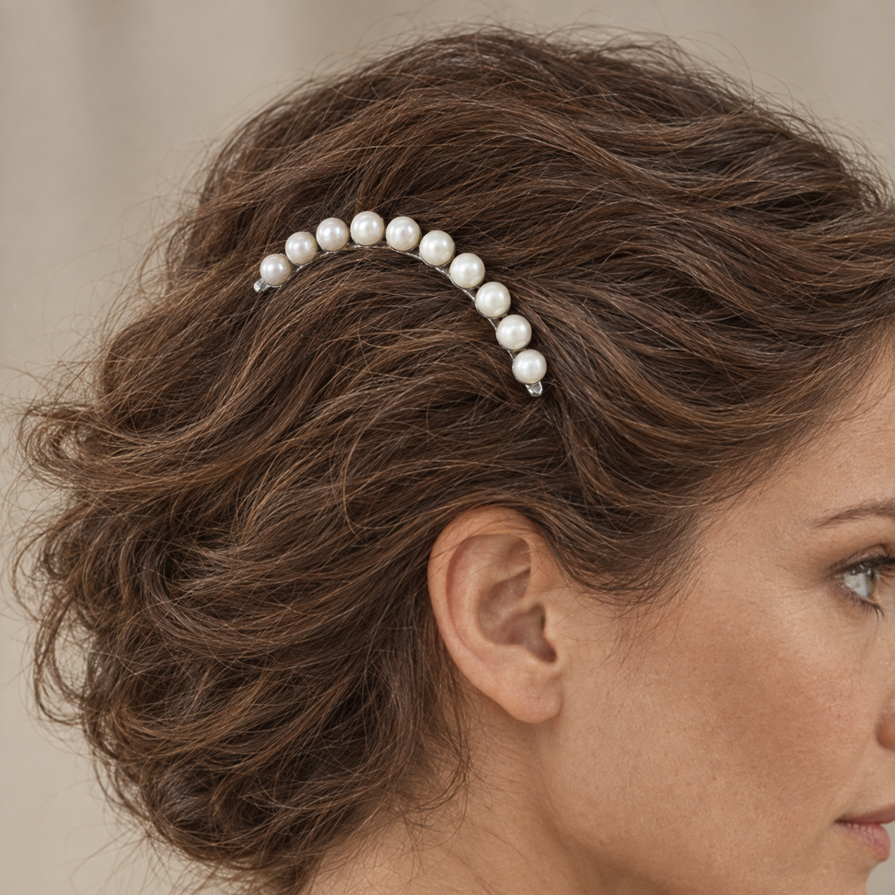 Model wearing the Lesunja Freshwater Pearl Hair Clip Sterling Silver