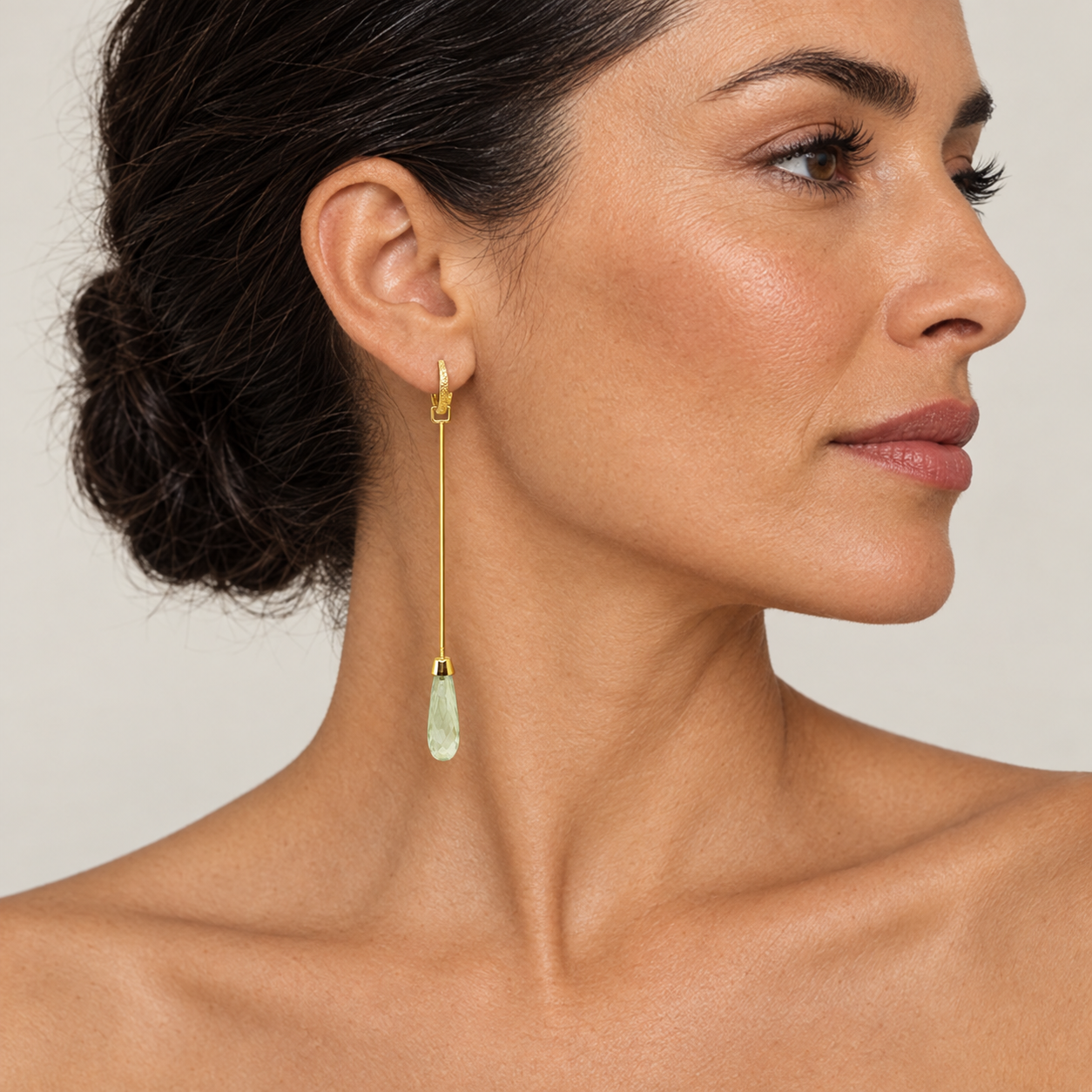 Model wearing the Lesunja Yellow Gold Sepia Creoles Prasiolith