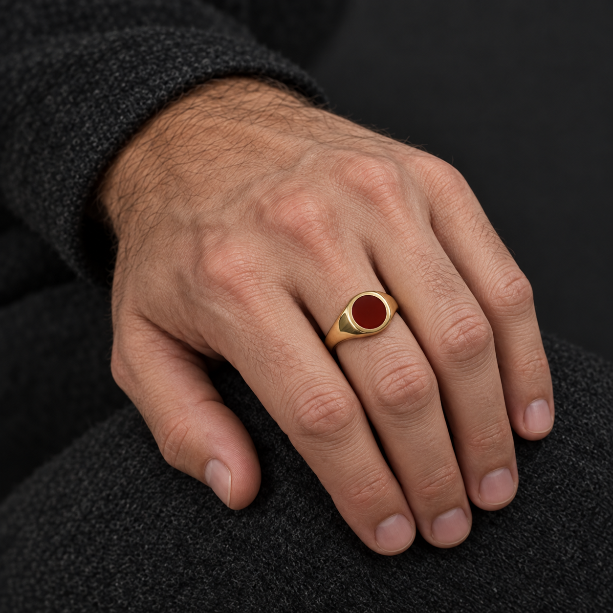 Model wearing the Lesunja Yellow Gold Signet Ring Carneol