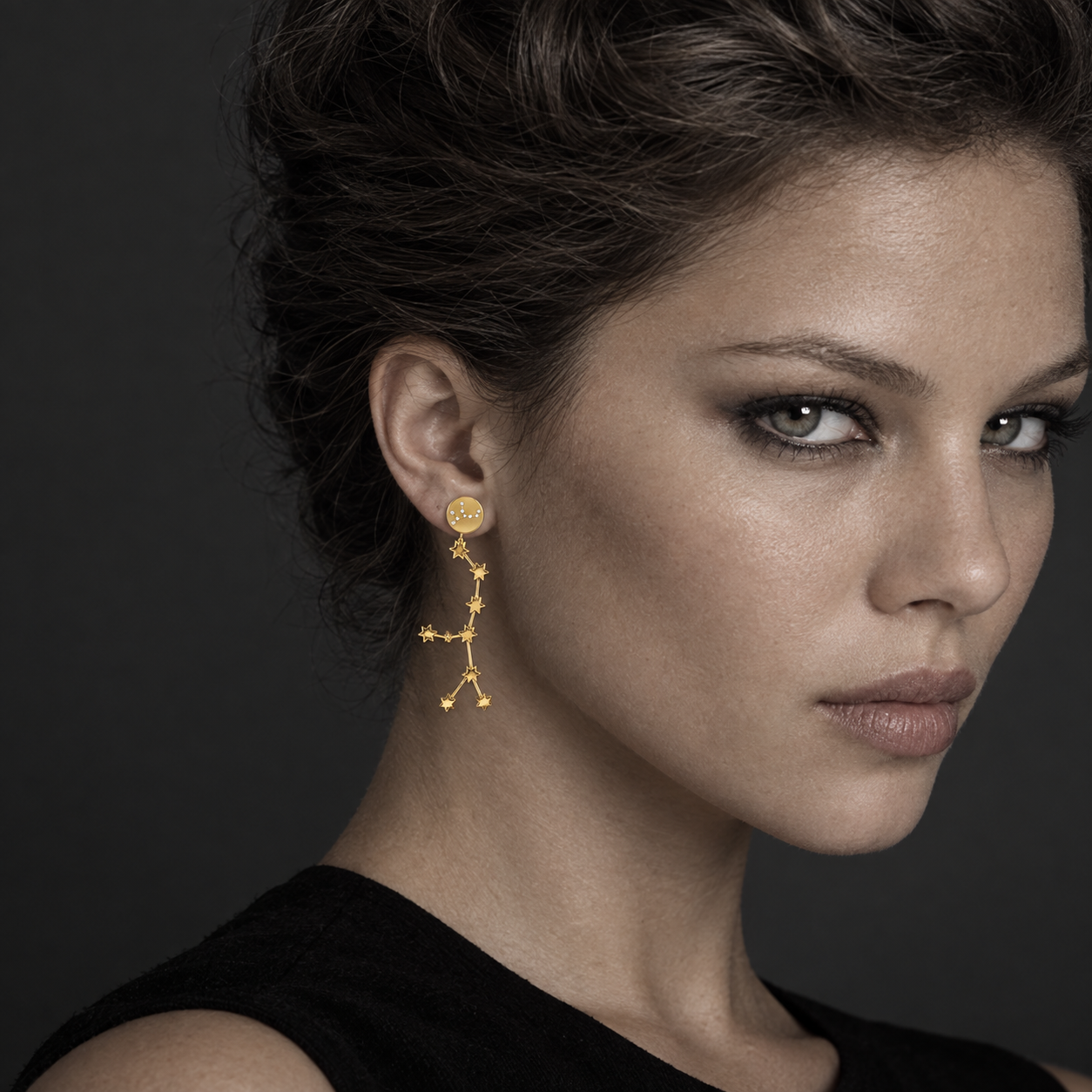Model wearing the Lesunja Zodiac Virgo Star Constellation Gold Earrings