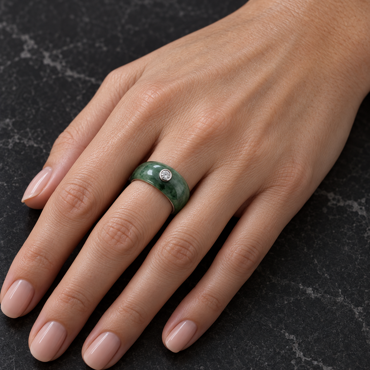 Model wearing the Lesunja Moon Of The Forest White Gold Jade Ring