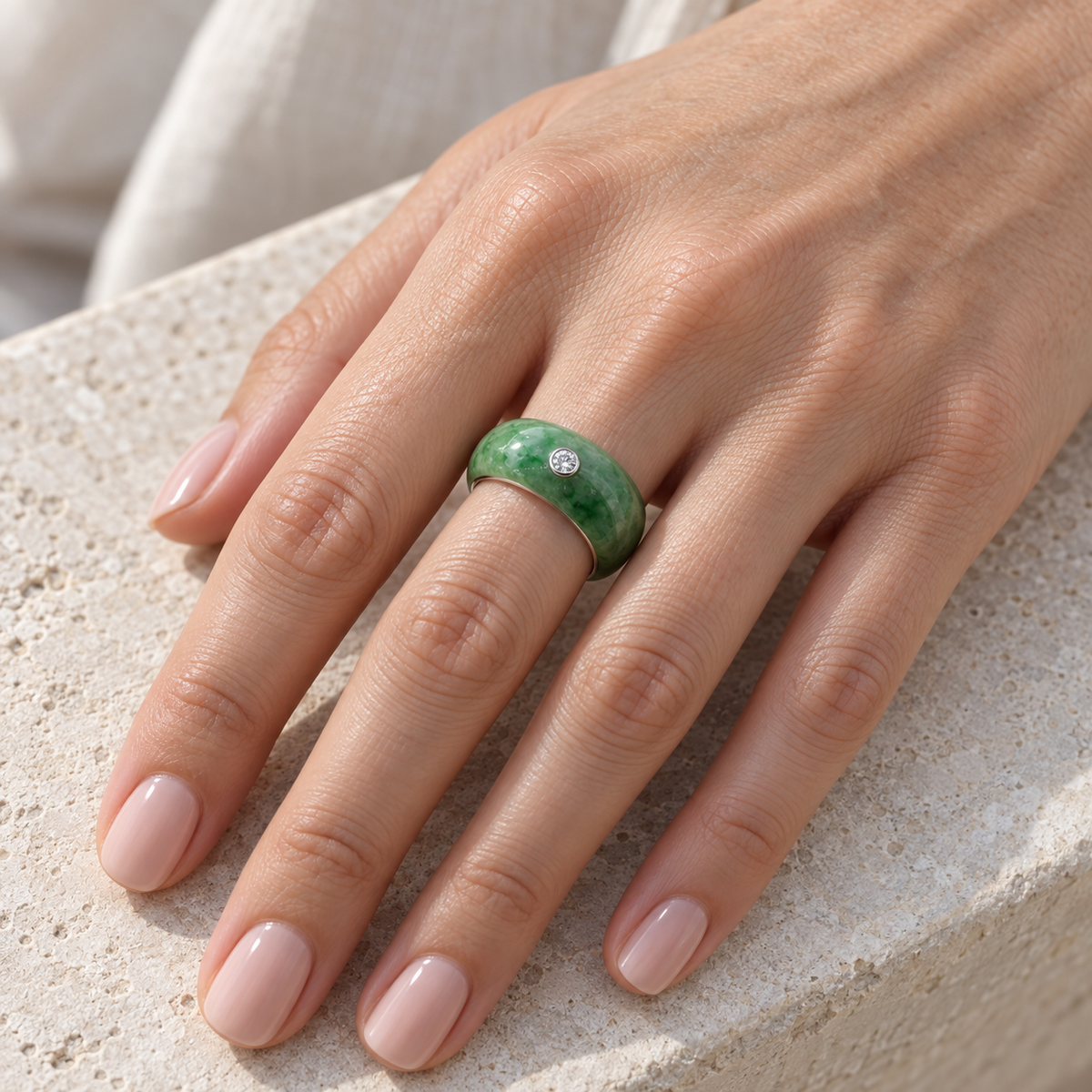 Model wearing the Lesunja Melody Of The Forest Jade White Gold Ring