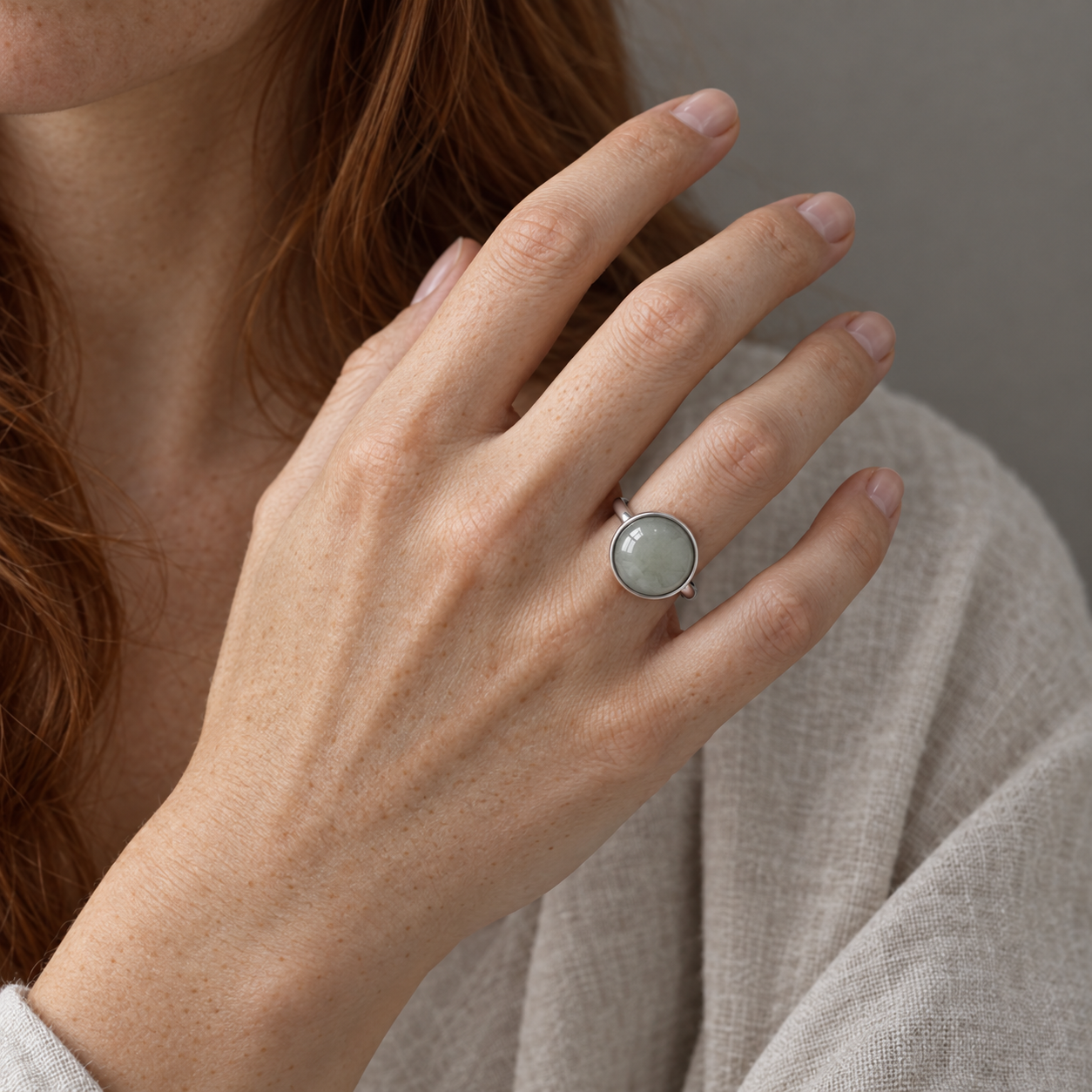 Model wearing the Lesunja Bubbles Jade White Gold Ring