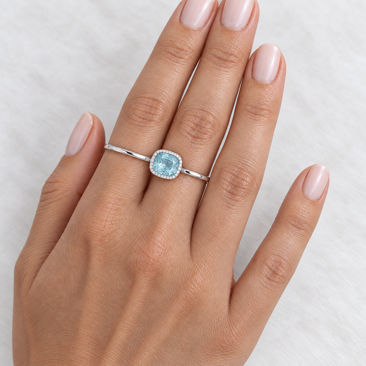 Model wearing the Lesunja Hidden Secrets Love Double Ring Aquamarine
